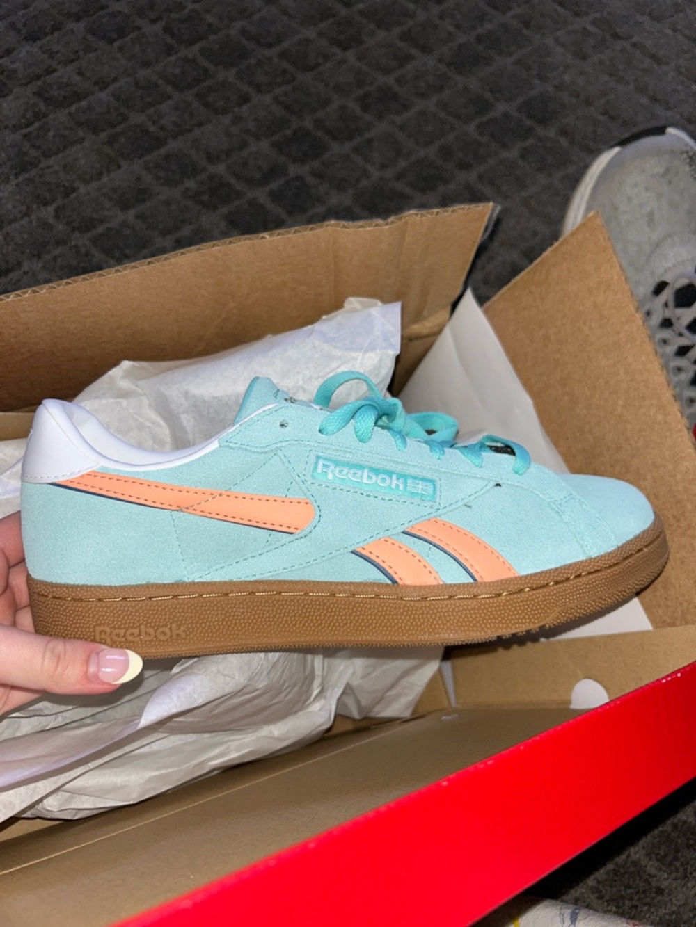 Reebok Suede Low-Top Sneaker in Aqua with Peach Accents